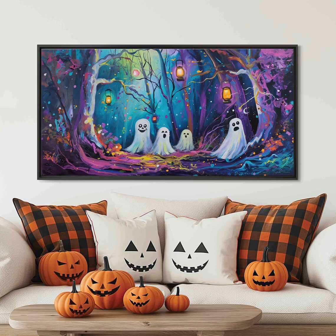 Friendly Ghosts In Neon Enchanted Forest Glowing Lanterns Poster