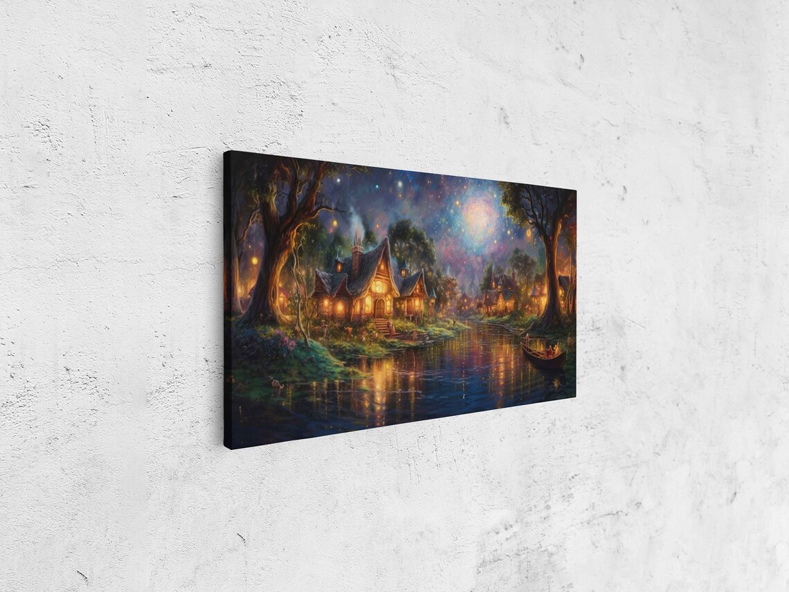 Whimsical Moonlit Twilight Village Art Print - Image 4