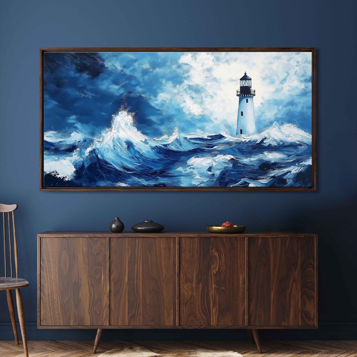 Iconic Lighthouse Acrylic Painting, Deep Blues