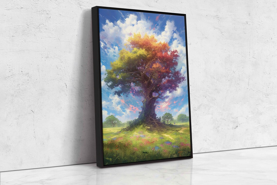 Colorful Ancient Tree In An Open Field Colorful Cloudy Skies Framed Print Ready To Hang - Image 4
