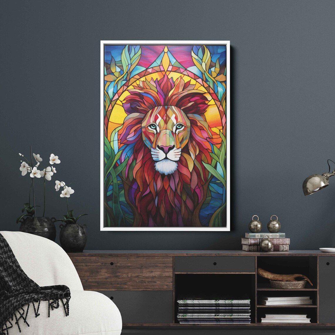 Colorful Mosaic Lion Stained Glass Style King Of Jungle Vibrant Poster - Image 2