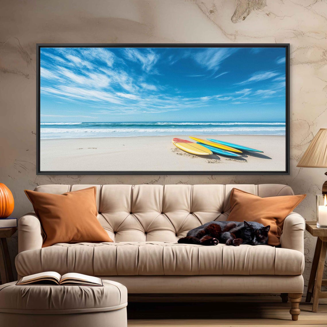 Surfboards Resting On Sandy White Beach Wall Art Print Gift For Surfer Blue Water Ocean Painting Ready To Hang - Image 3
