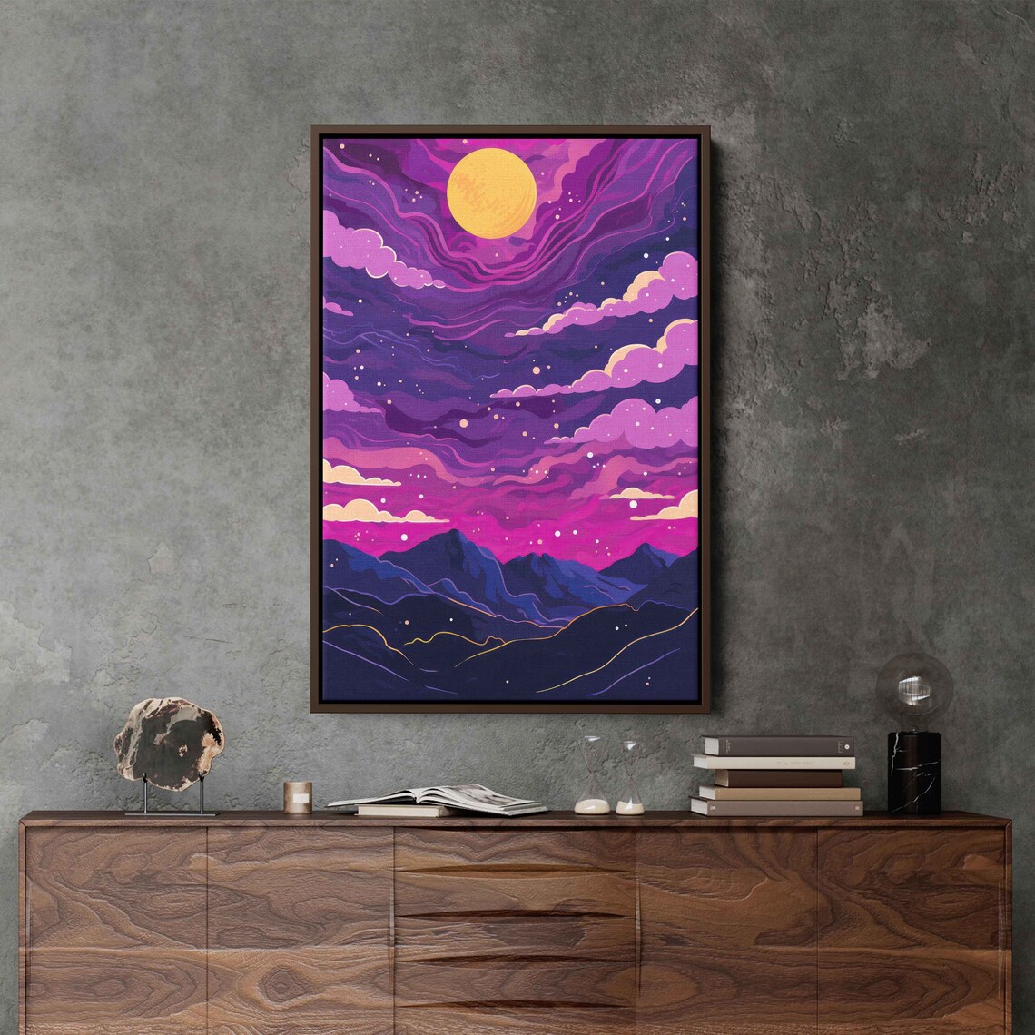 Neon Sunset Landscape Abstract Wall Art Print Vibrant Colors Trippy Clouds Mountain Range Ready To Hang - Image 3