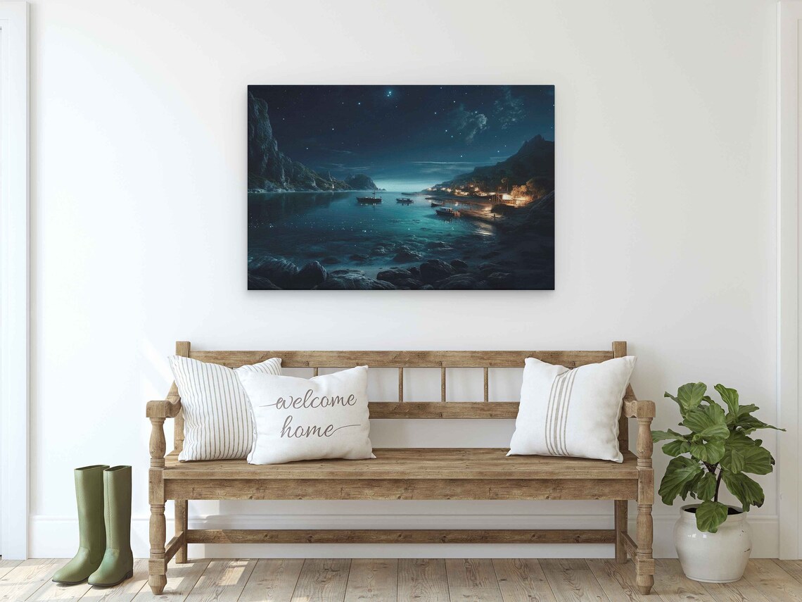 Starry Night Coastal Bay Boats Under Moonlight Landscape Art Poster - Image 2