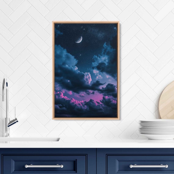 Crescent Moon And Stars During Cloudy Black Night Sky Celestial Poster Outer Space Vibrant Clouds Ready To Hang