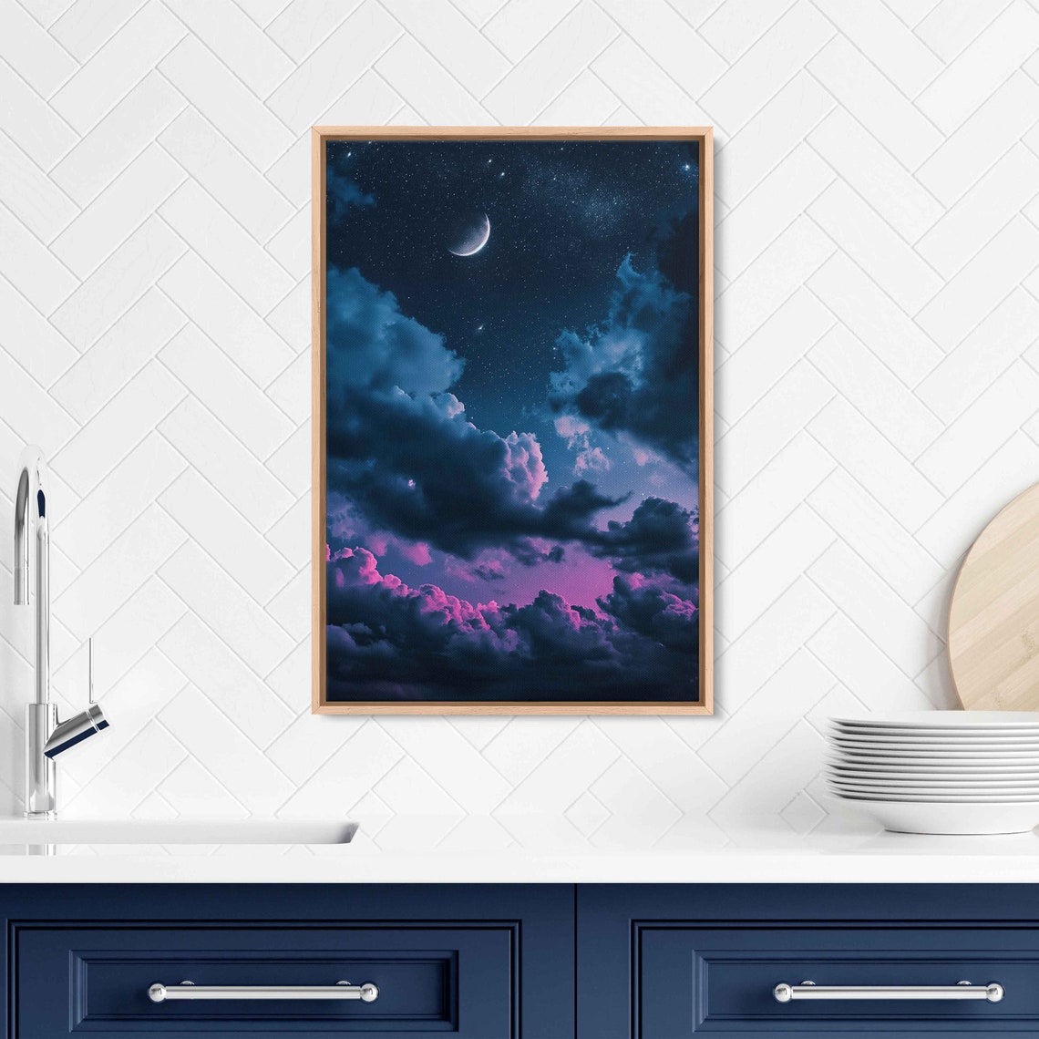 Crescent Moon And Stars During Cloudy Black Night Sky Celestial Poster Outer Space Vibrant Clouds Ready To Hang