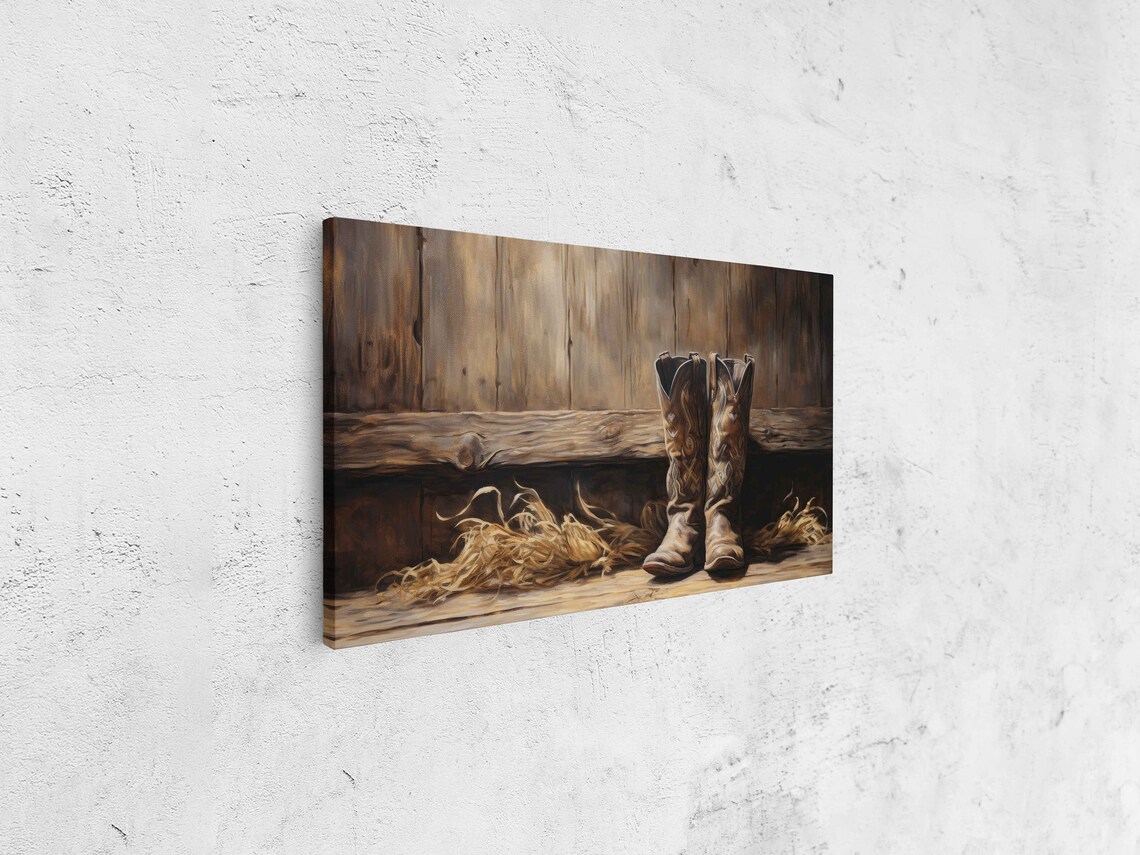 Worn Cowboy Boots Rustic Wood Barn Straw Western Still Life Art Poster - Image 4