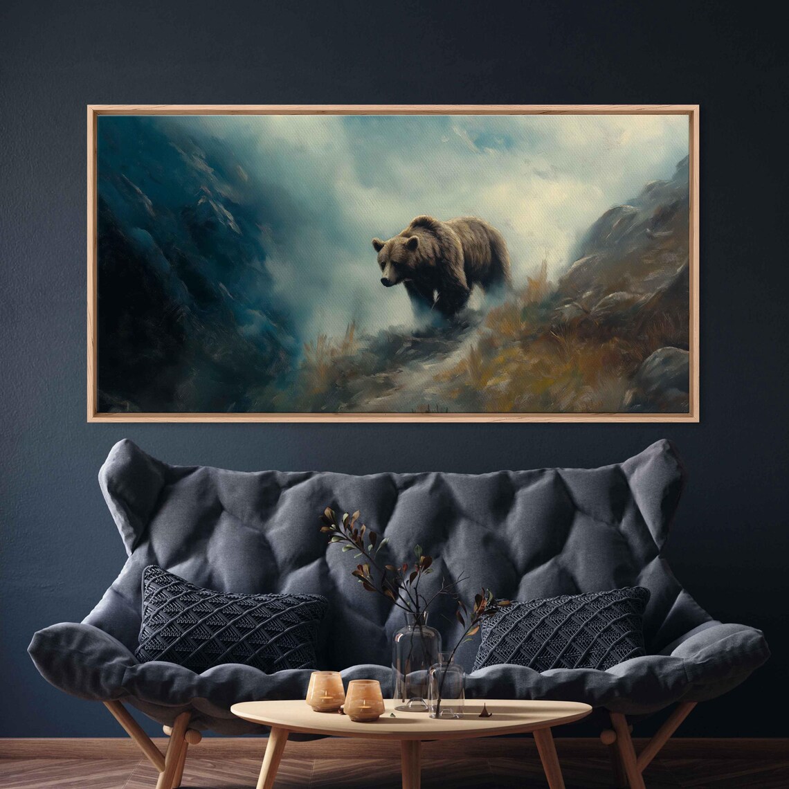 Grizzly Bear Emerging From Fog Mountain Trail Dramatic Oil Painting Print - Image 3