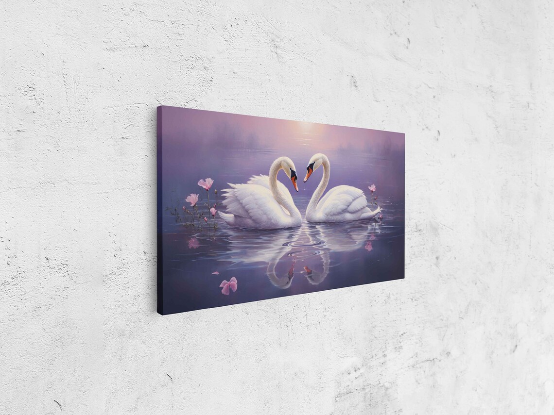 Swan Couple Heart Shape Purple Pond Pink Petals Love Art Poster - Image 4