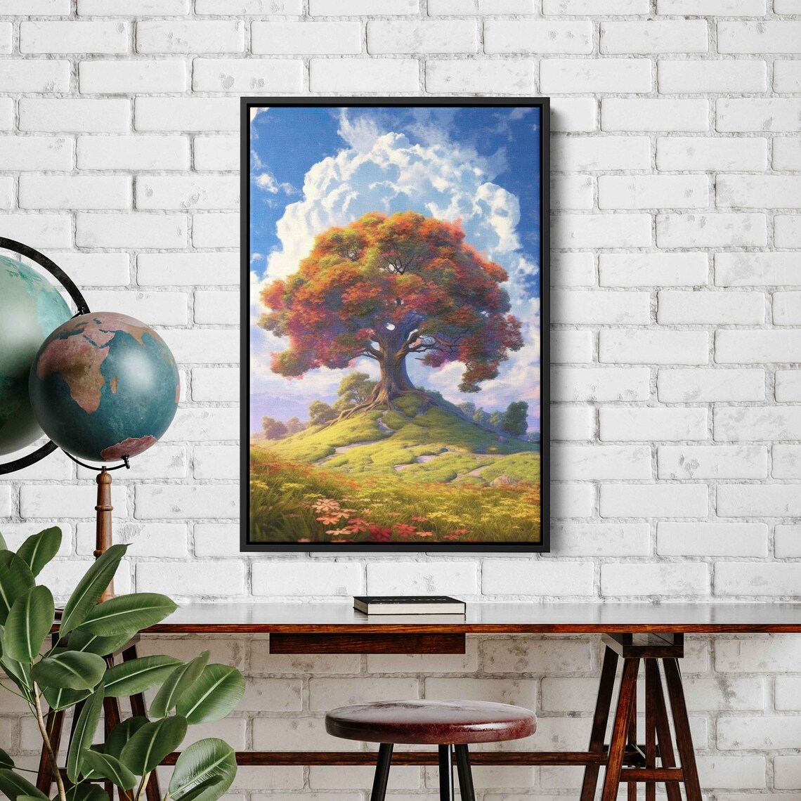 Colorful Ancient Tree In An Open Field Colorful Cloudy Skies Framed Print Ready To Hang