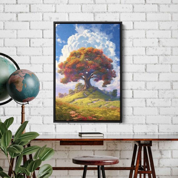 Colorful Ancient Tree In An Open Field Colorful Cloudy Skies Framed Print Ready To Hang