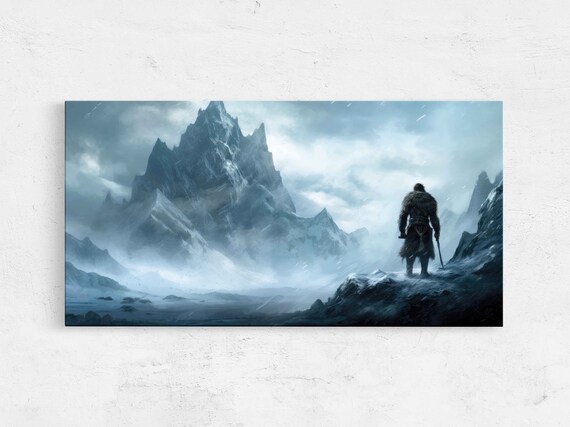 Icy Lands Barbarian Snowy Mountain Painting Framed Print Ready To Hang