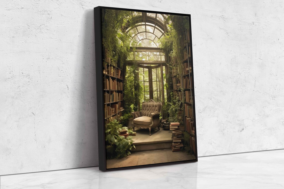 Greenhouse Library Book Nook Sunlit Glass Atrium Plants Reading Chair Print - Image 4