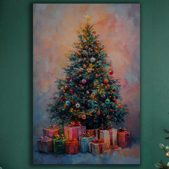 Colorful Christmas Tree Painting Poster With Wrapped Presents And Star