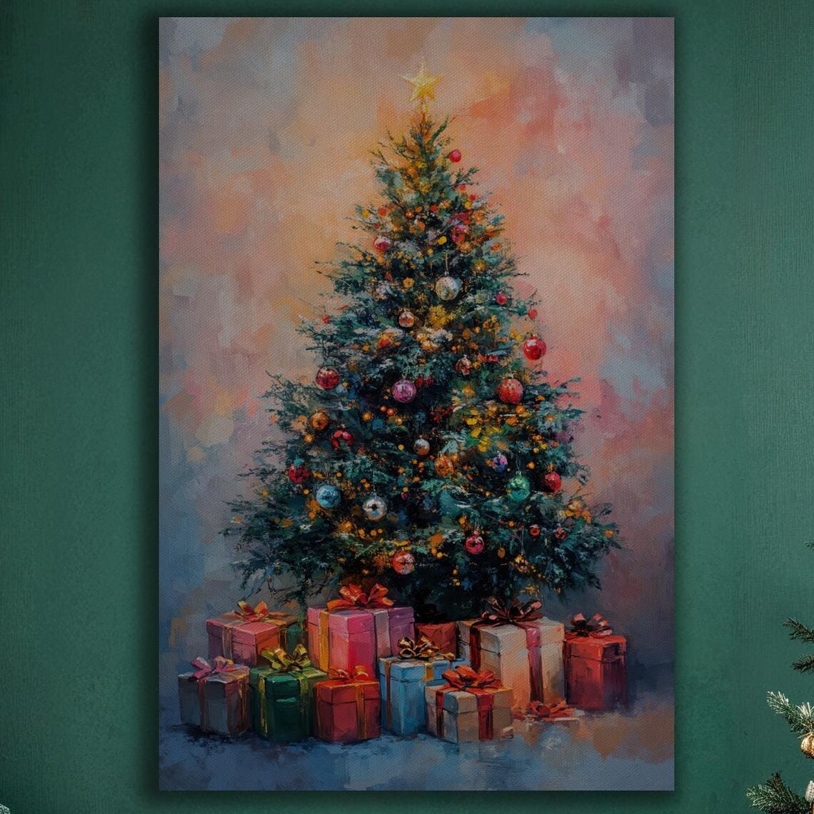 Colorful Christmas Tree Painting Poster With Wrapped Presents And Star