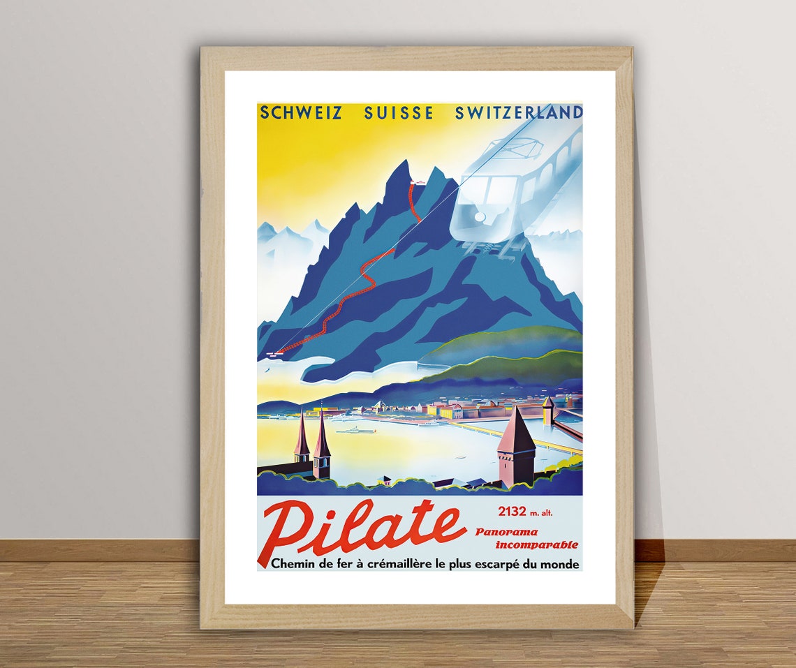 Pilatus Switzerland Mountain Railway Vintage Alpine Travel Poster