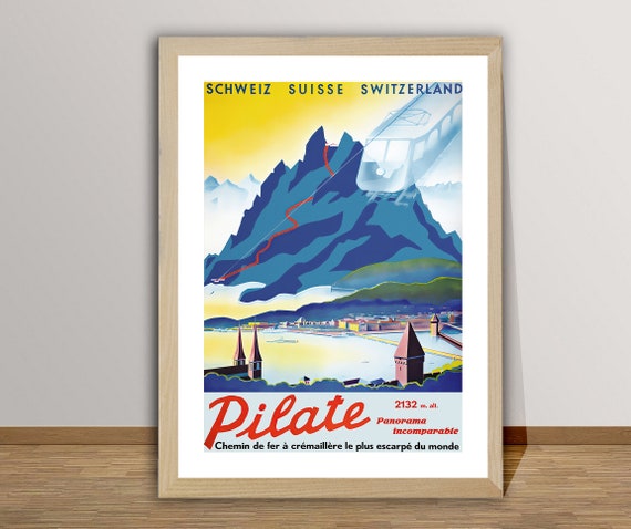 Pilate Suisse Vintage Travel Poster Pilate Poster Ski Print Wall Decor Gift Idea