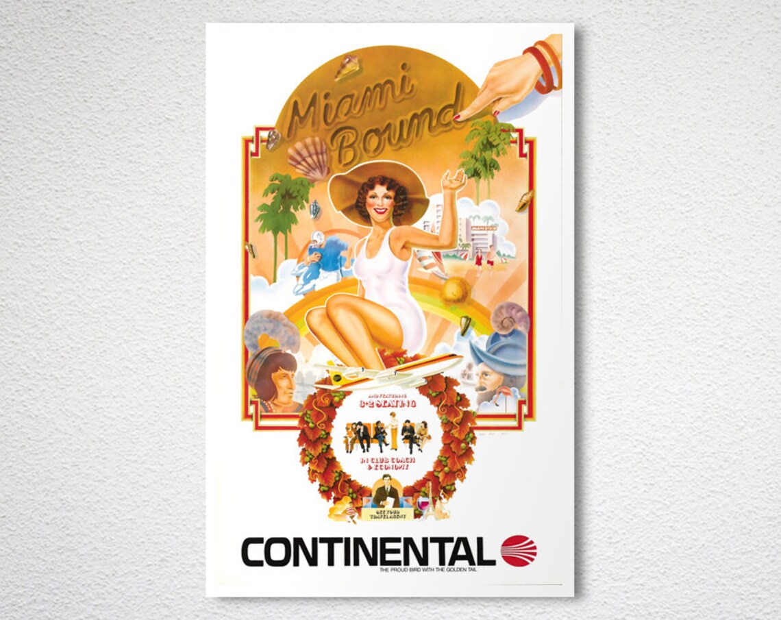 Continental Airlines Miami Bound Vintage Golden Age Travel Poster - Image 2