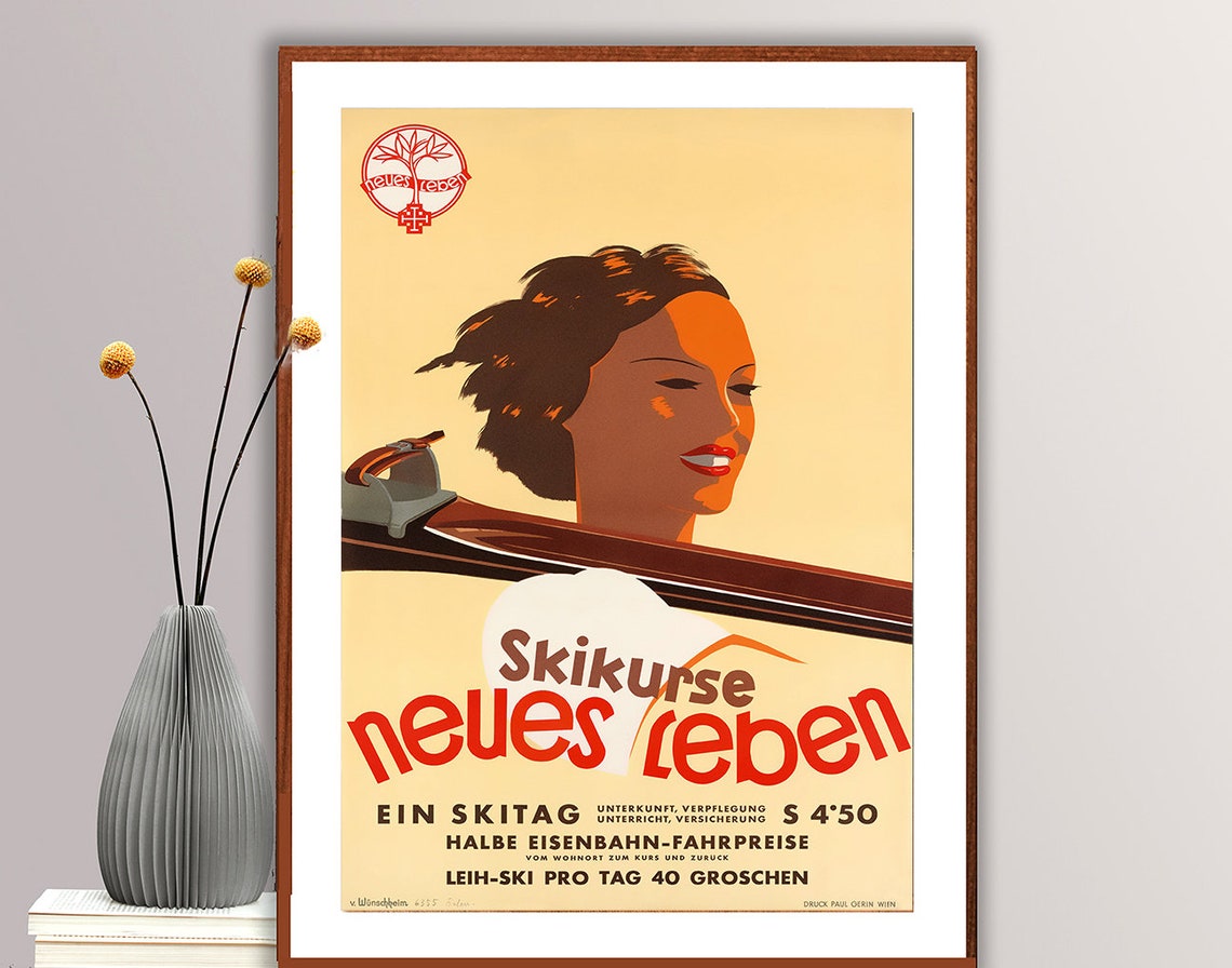 Skikurse Neues Leben Vintage Austrian Ski Lesson Course Poster - Image 2