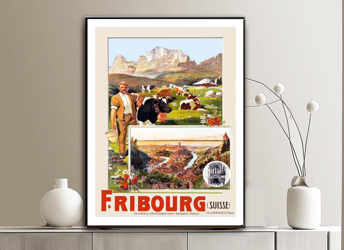 Fribourg Switzerland Gruyeres Cows Alpine Valley Travel Poster - Image 2
