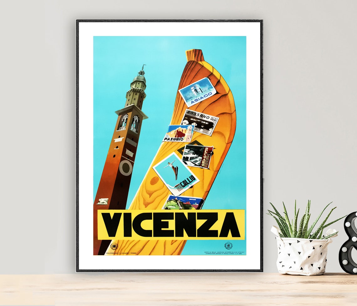 Vicenza Italy Vintage Travel Poster Campanile Tower Ski Stickers