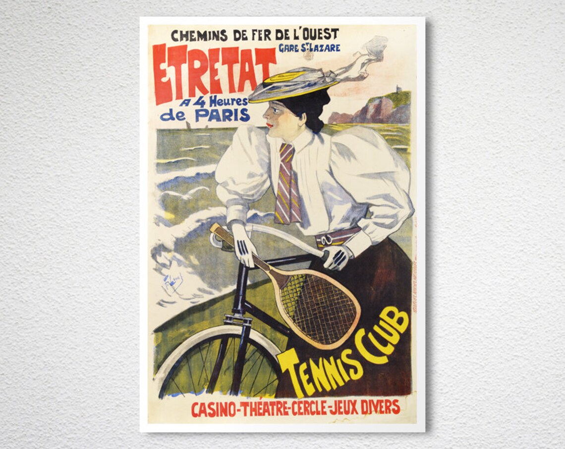 Etretat Tennis Club Vintage French Railway Poster Cyclist with Racket - Image 2