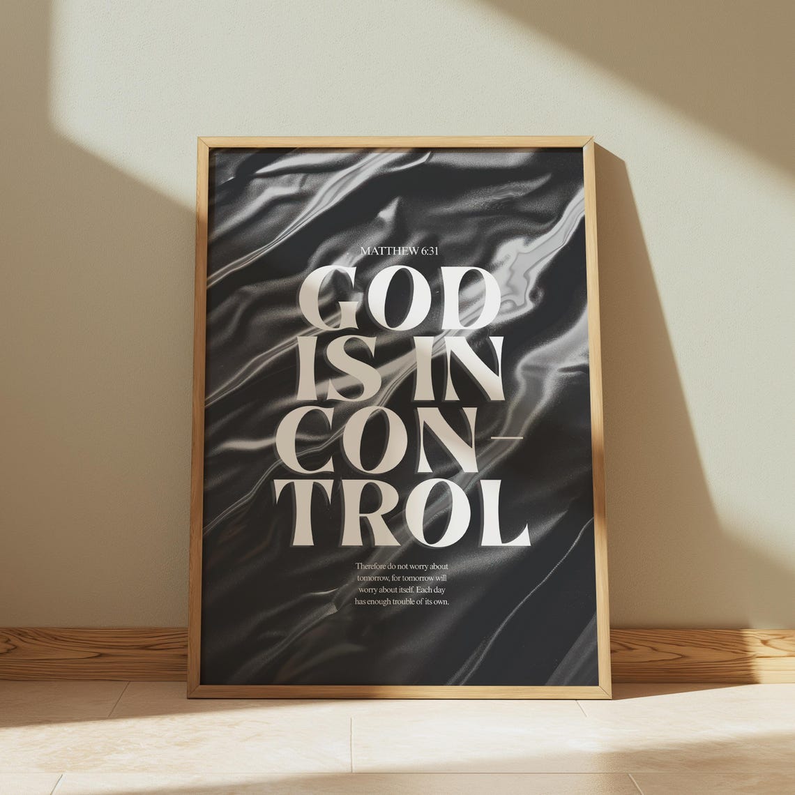 God Is In Control Matthew 6:31 Scripture Black Marble Poster