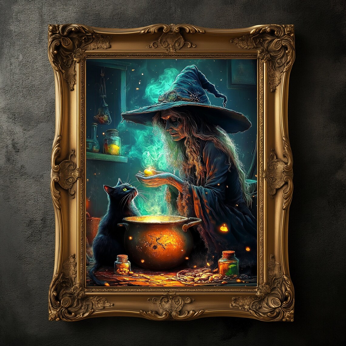 Witch Brewing a Potion Over a Cauldron Beside Her Black Cat Poster