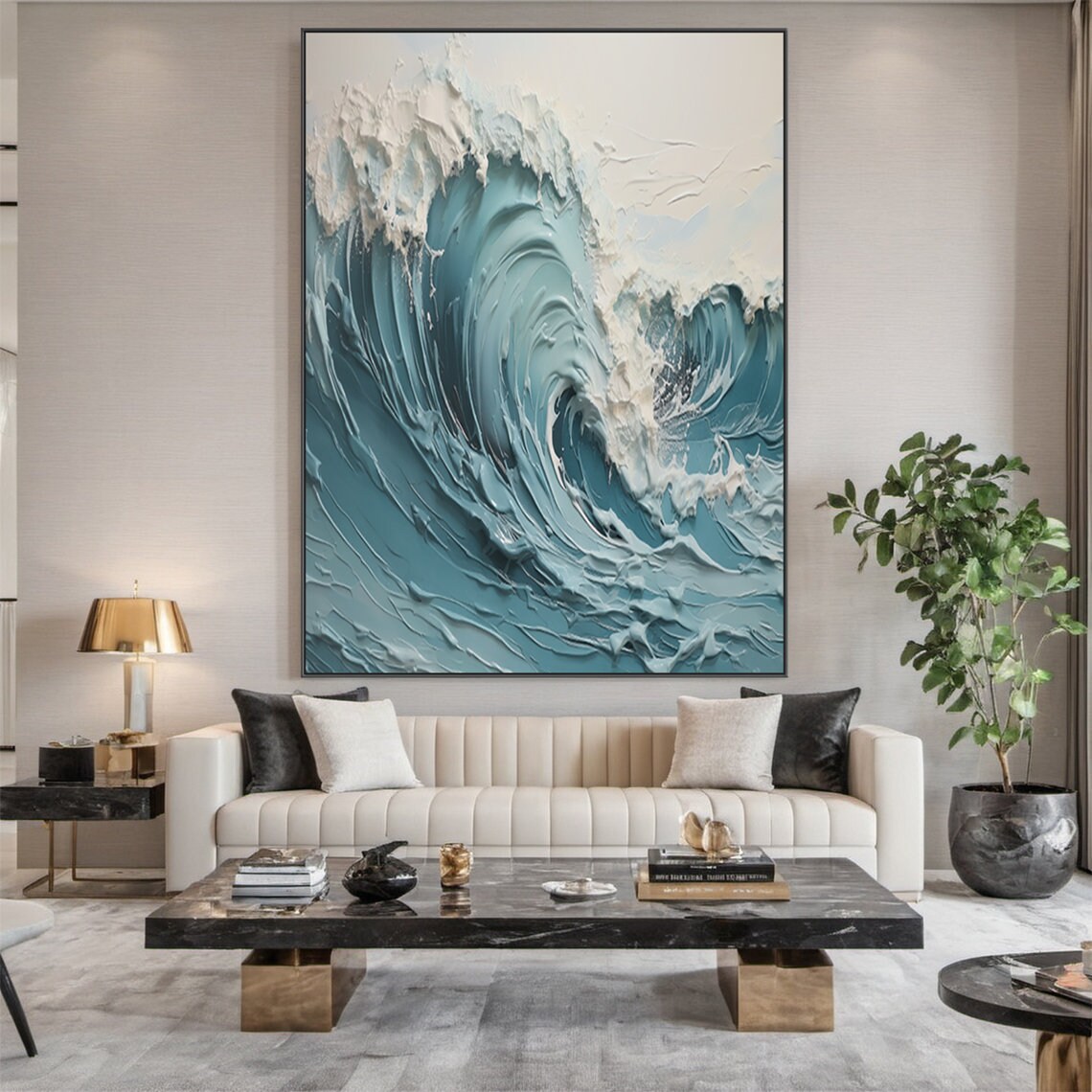 Turquoise Ocean Wave Curling White Foam Oil Painting Textured Poster - Image 4