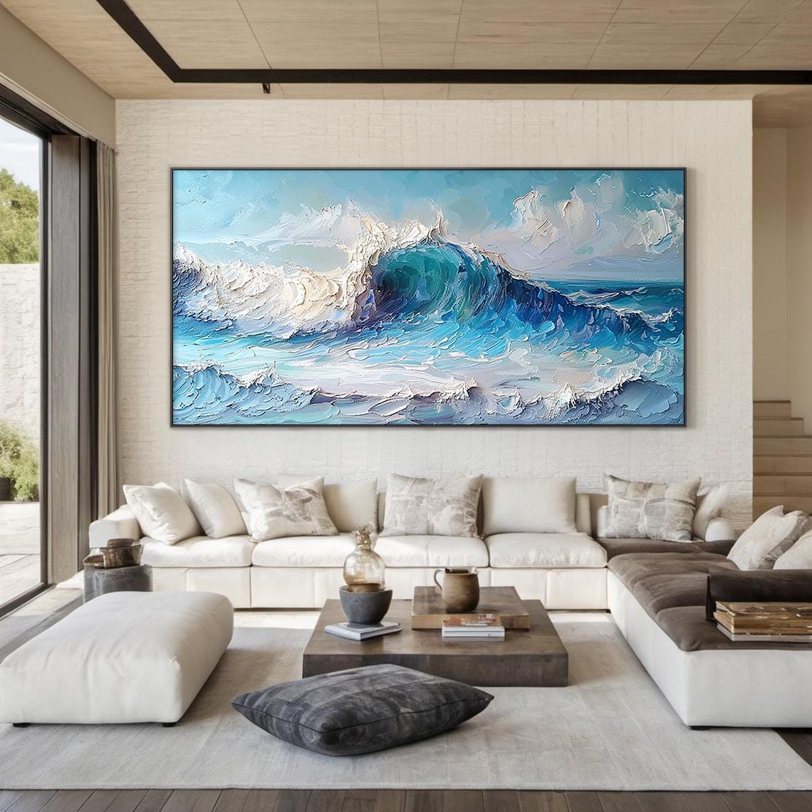 Aqua Blue Ocean Curl Wave Impasto Textured Dramatic Seascape Poster - Image 4