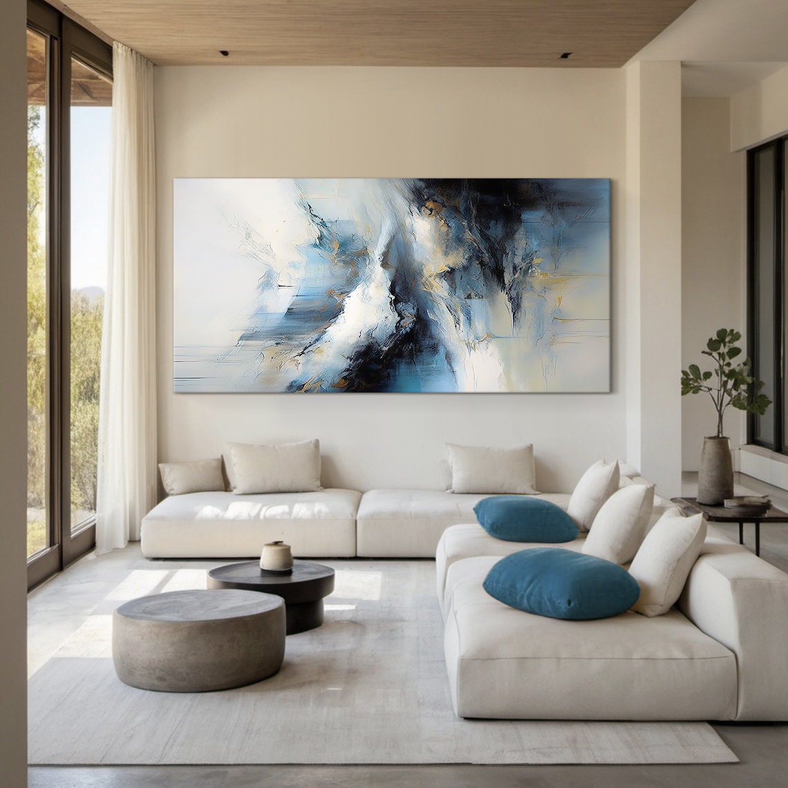 White Blue Gold Abstract Ocean Mist Soft Textured Seascape Poster - Image 3
