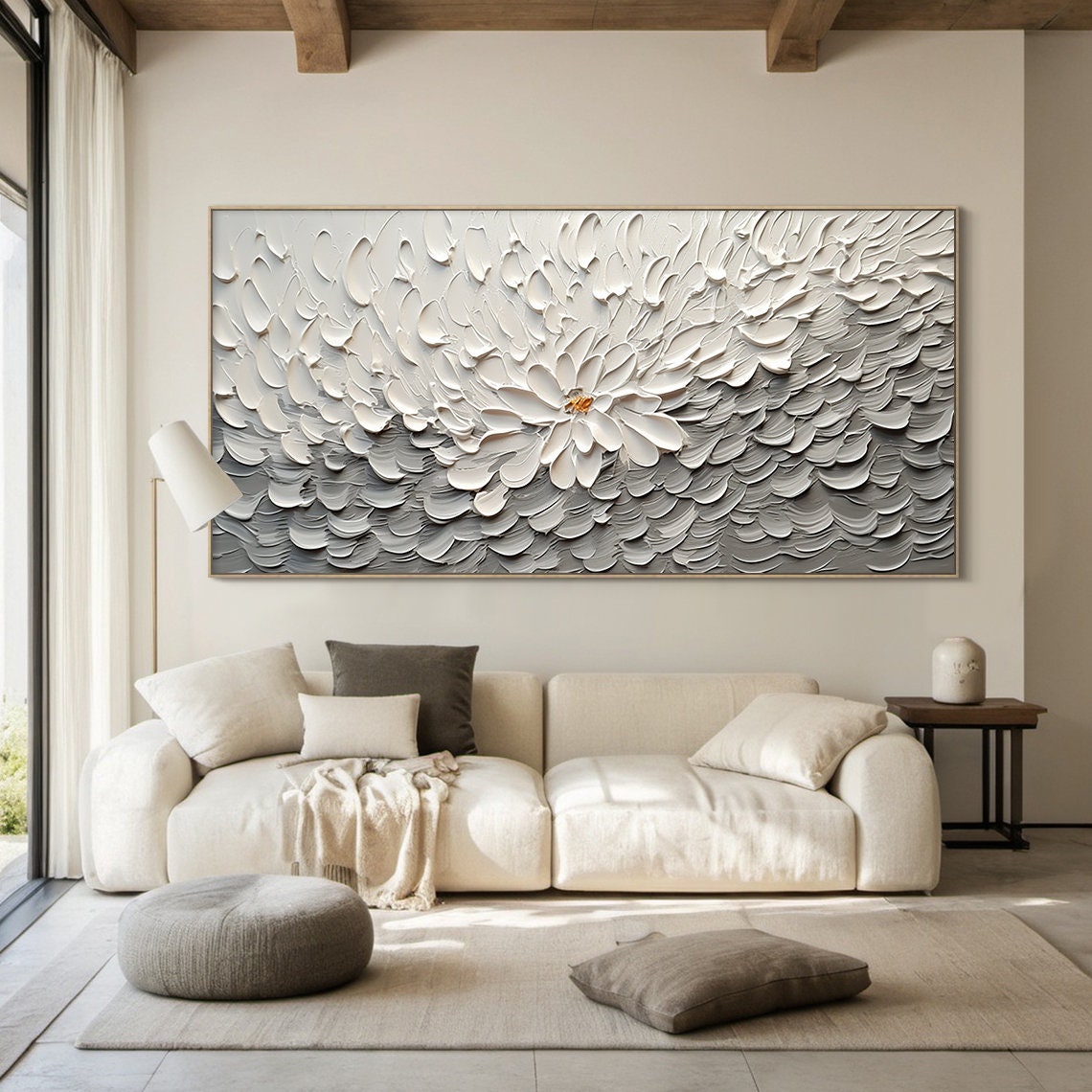 White Flower Gold Center Panoramic Floral Texture Oil Painting Poster - Image 3