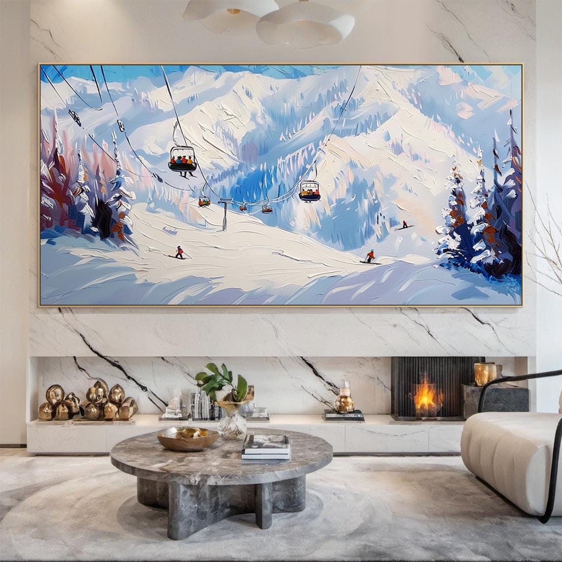 Original 3d Ski Sport Art Blue White Textured Wall Art Skier Gift White Skis And Cable Car Painting Modern Skier Painting - Image 3
