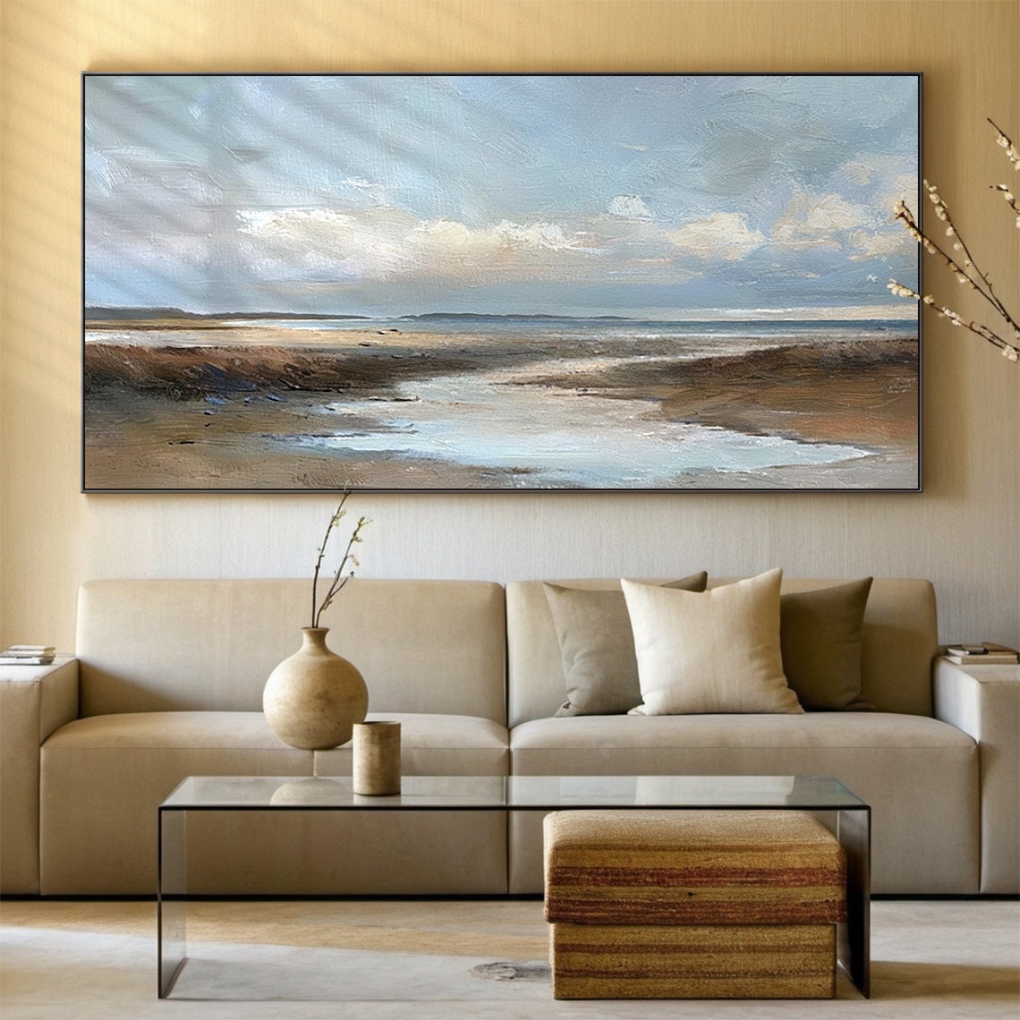 Blue Sky Painting Large Blue Abstract Painting Nature Sky Clouds Landscape Textured Wall Art Living Room Decor