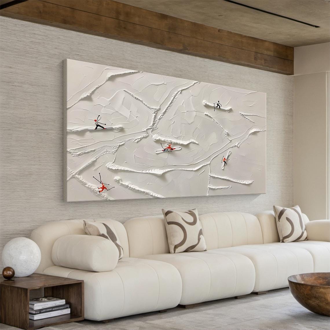 Original 3d Ski Sport Art Plaster Style Textured Wall Art Skier Gift Beige Snowboard Painting Modern Skier Landscape Painting - Image 3