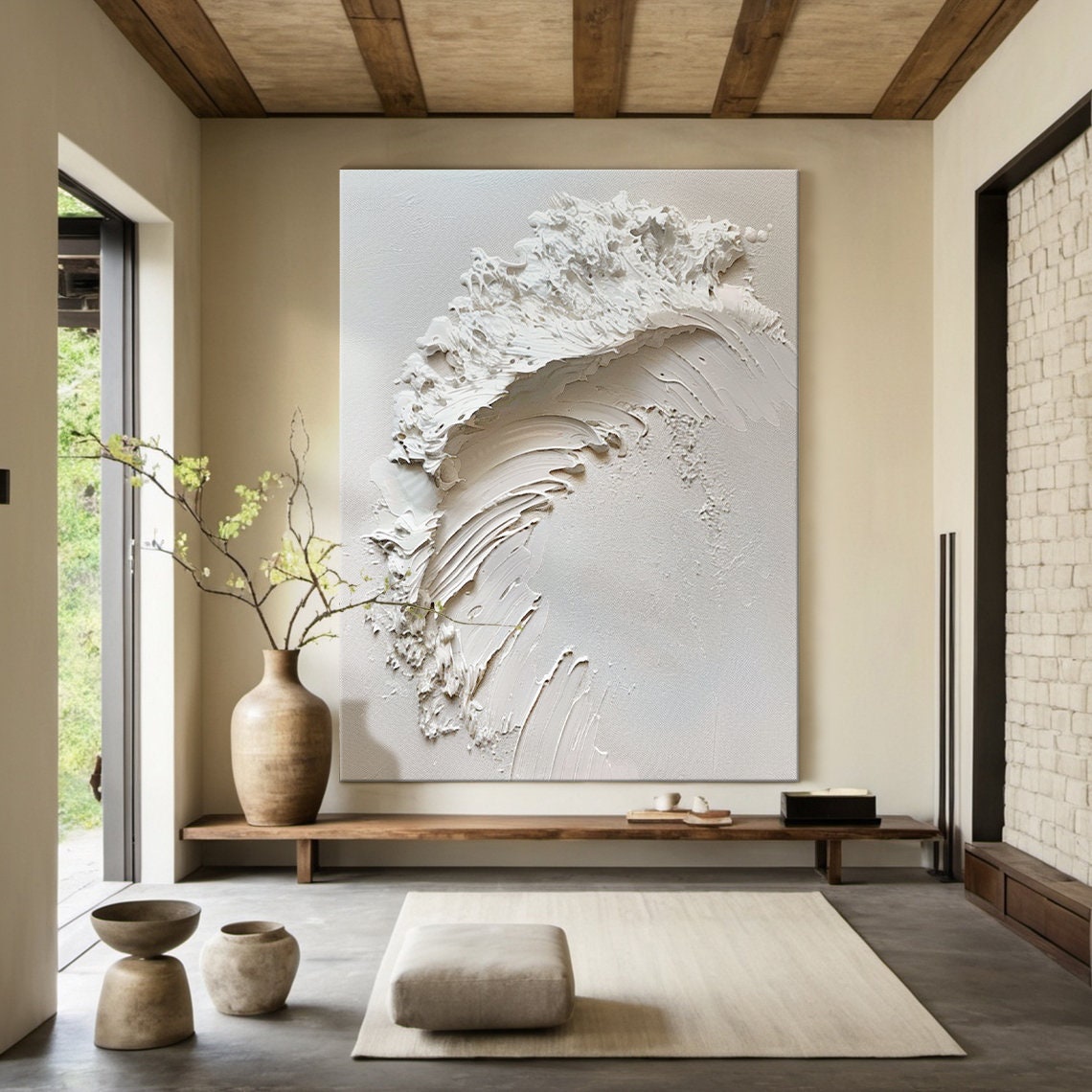 White 3D Ocean Wave Relief Sculptural Minimalist Textured Poster - Image 3