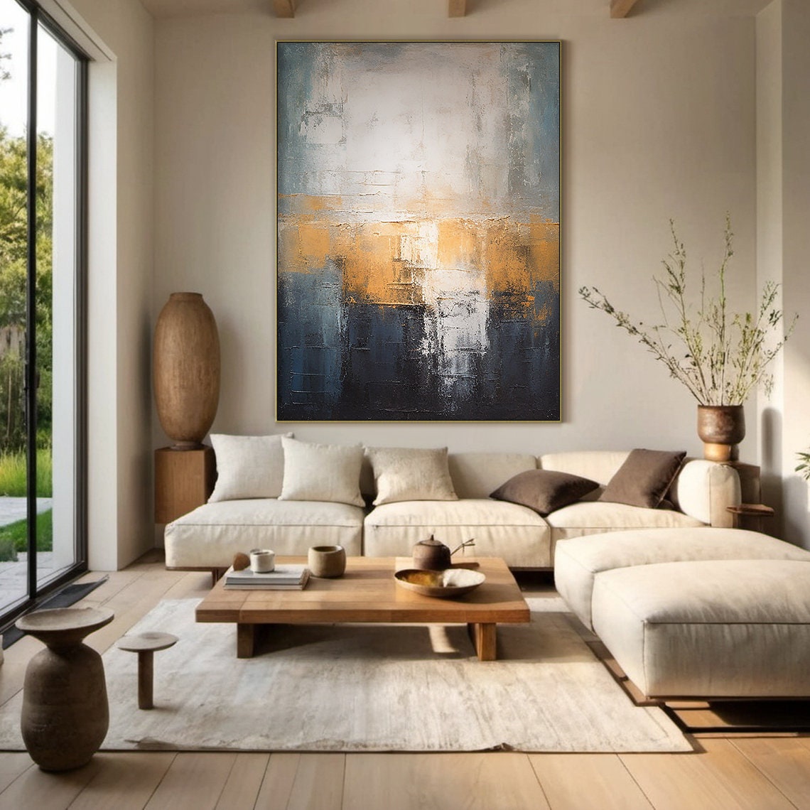 Gold Blue White Abstract Oil Painting Sunset Glow Vertical Wall Poster - Image 6