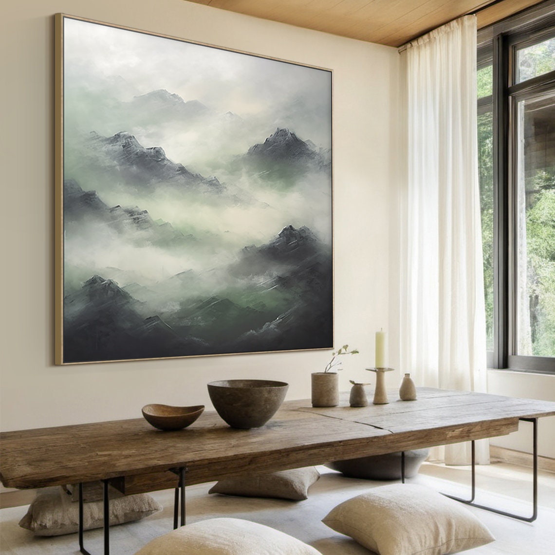 Large Green Mountains Abstract Oil Painting White Misty Mountains Landscape Painting Modern Nature Living Room Bedroom Art - Image 4
