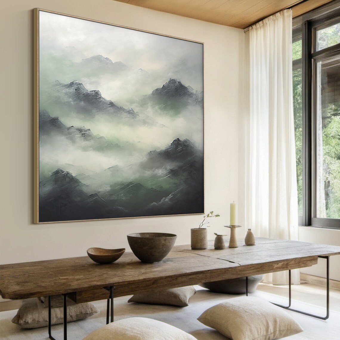 Misty Green Grey Mountain Peaks Fog Abstract Serene Nature Wall Art - Image 4