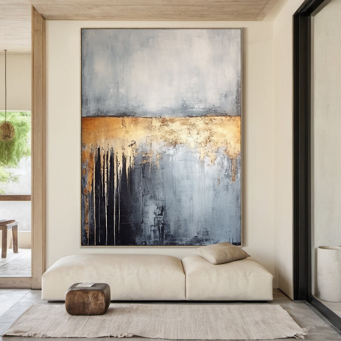 Off White Abstract Painting Grey Wabi Sabi Wall Art Large Black Wall Art Gold Textured Hand Painting Home Wall Decoration - Image 6