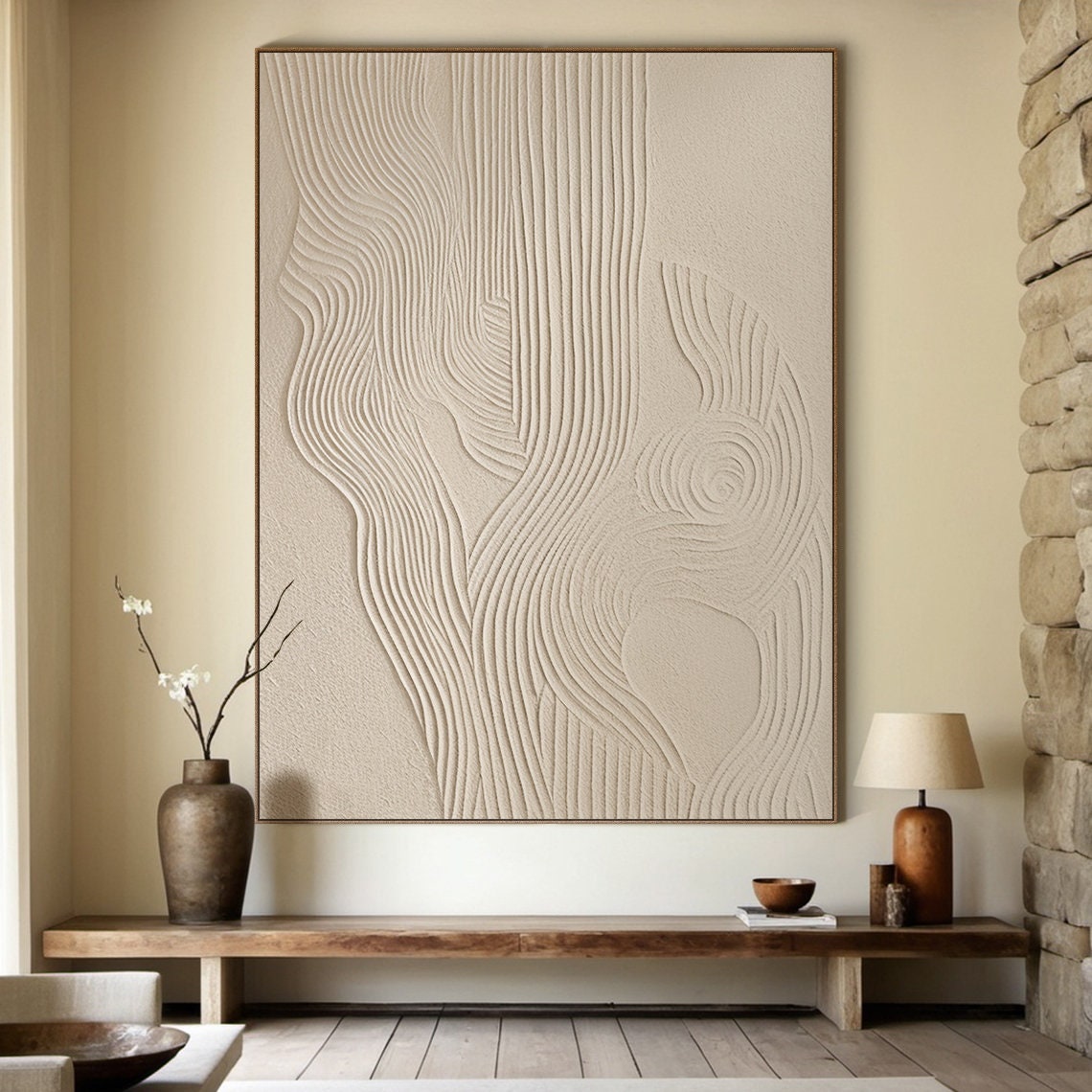 Cream Textured Abstract Wavy Lines Minimalist Plaster Art Poster