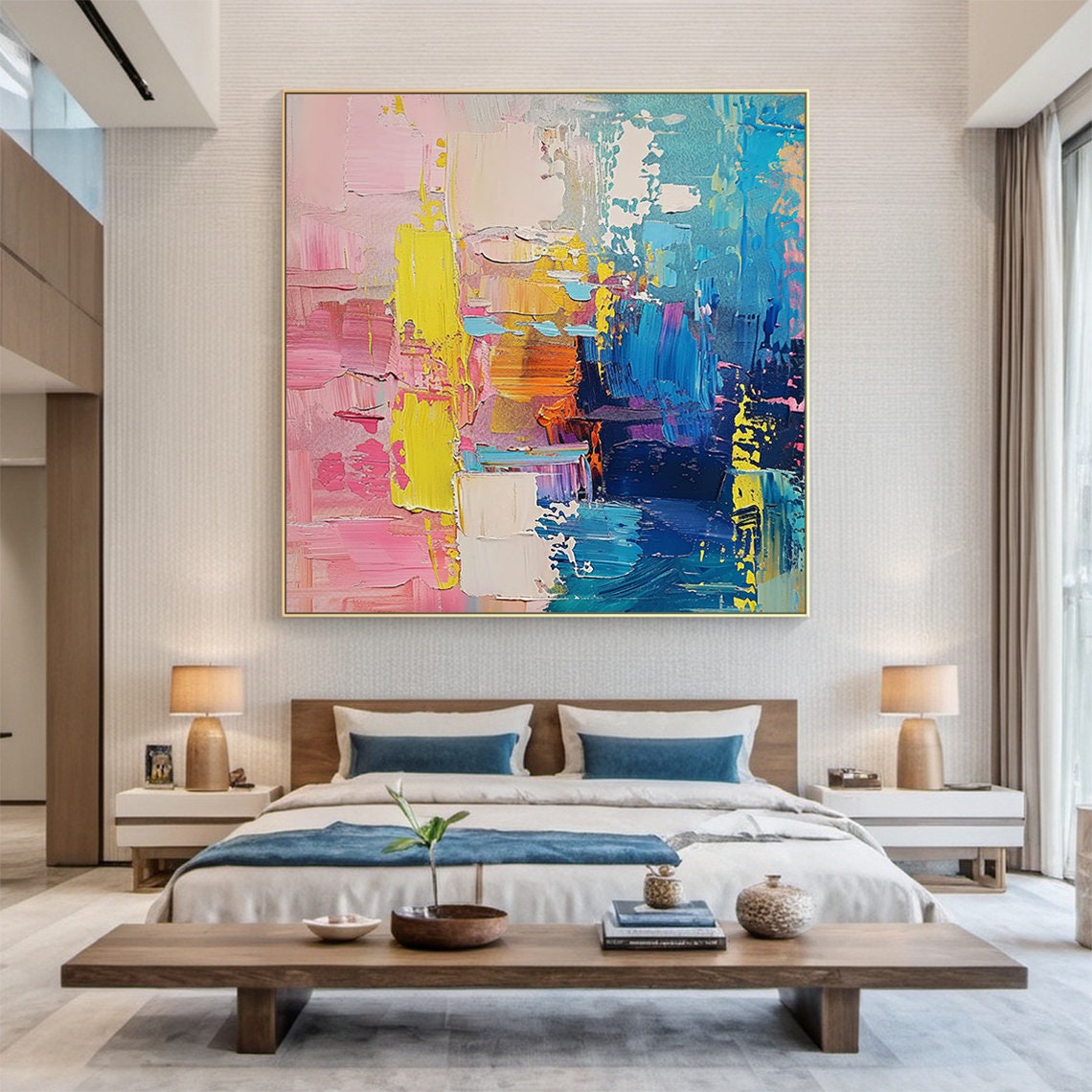 Pink Blue Yellow Bold Impasto Abstract Colorful Modern Art Poster - Image 2