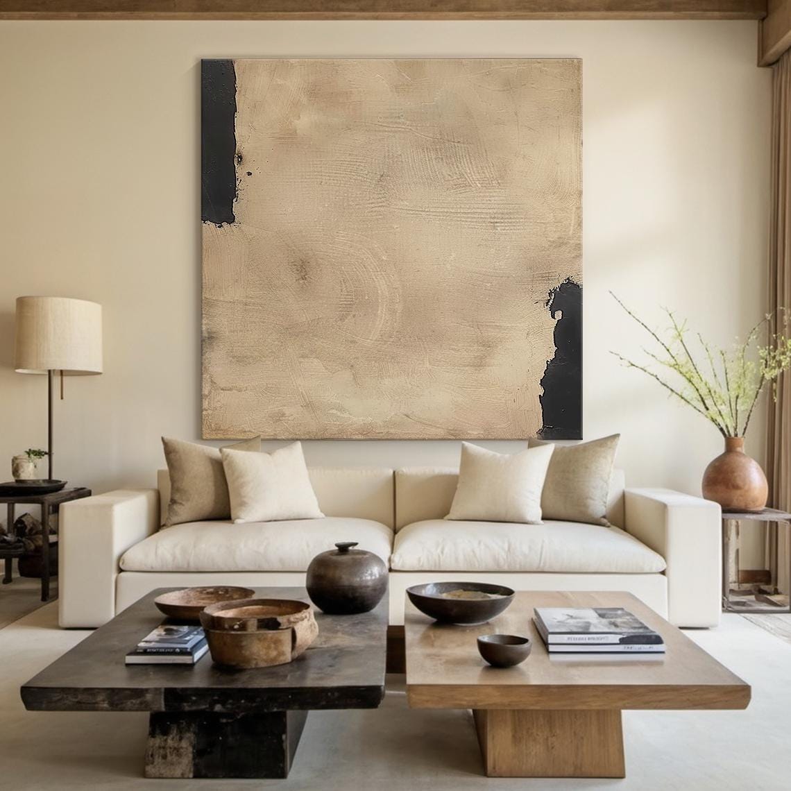 Sandy Beige Minimalist Abstract Painting Black Accent Modern Wall Art - Image 6