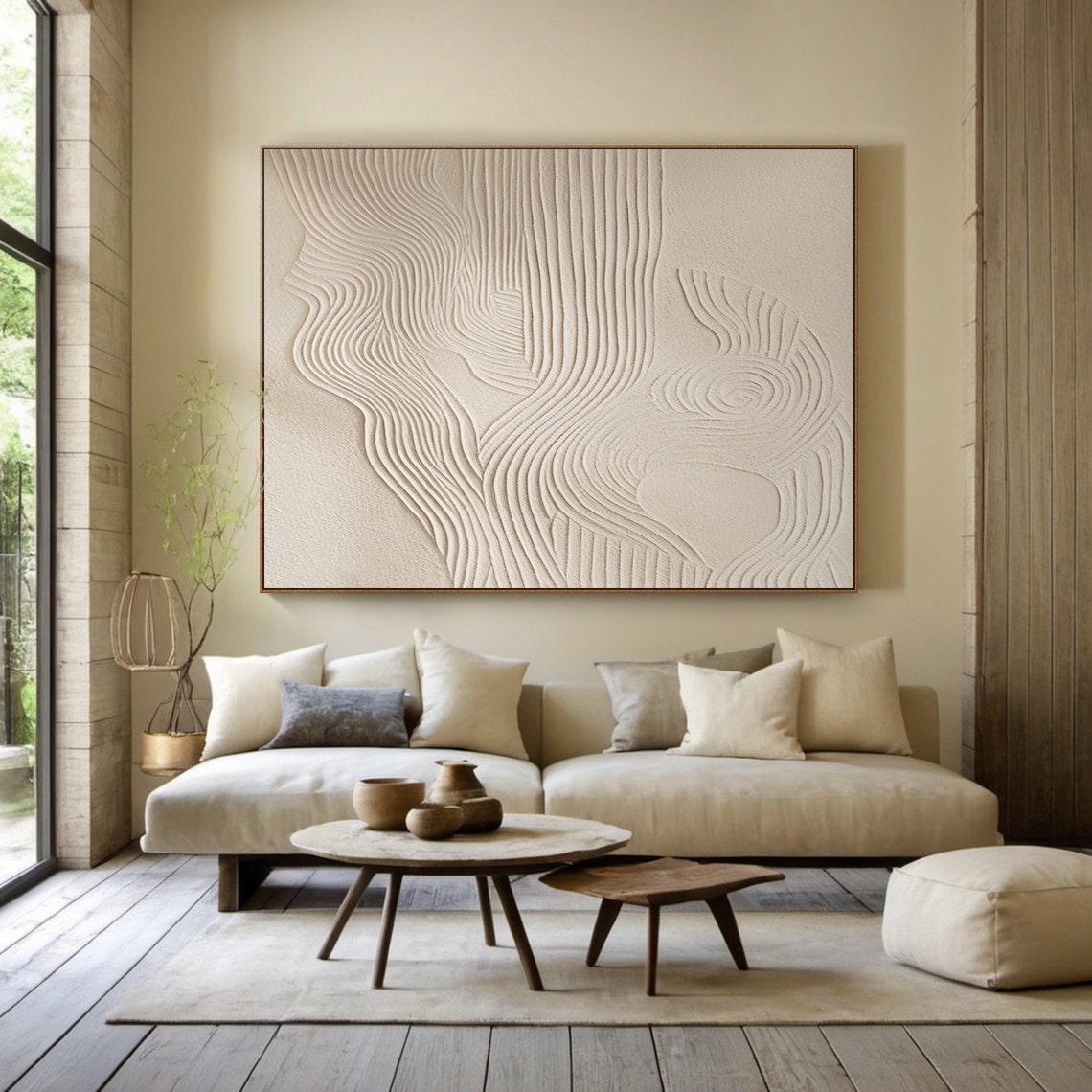 Cream Textured Abstract Wavy Lines Minimalist Plaster Art Poster - Image 3