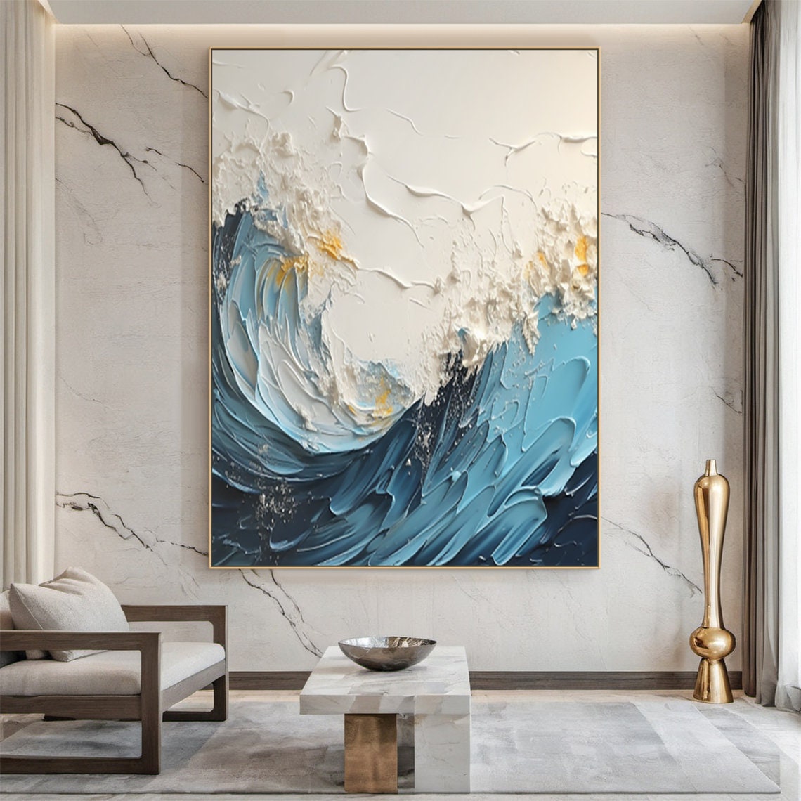 Blue Ocean Wave Impasto Texture Abstract Seascape Canvas Poster - Image 4