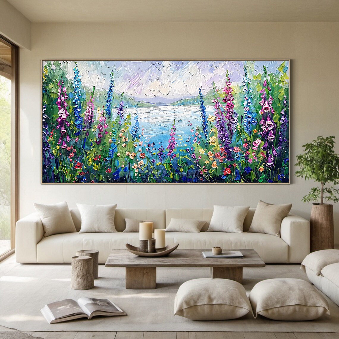 Purple Wildflower Meadow By The Lake Impasto Floral Art Poster - Image 5