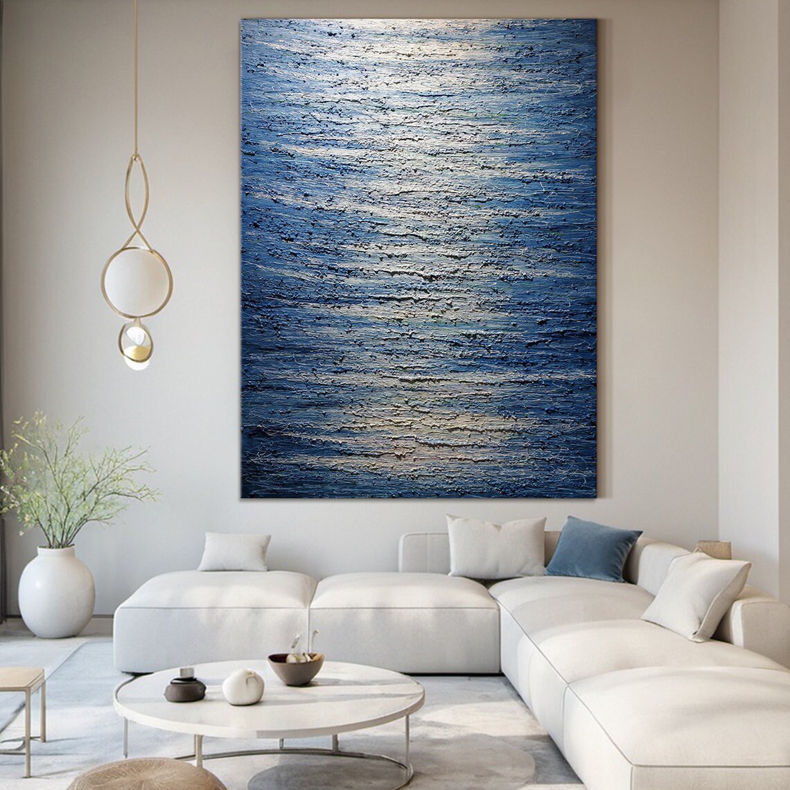 Large Blue Abstract Painting Blue Wabi Sabi Style Wall Art Blue Accents Textured Hand Painted Modern Art Wall Decor - Image 3