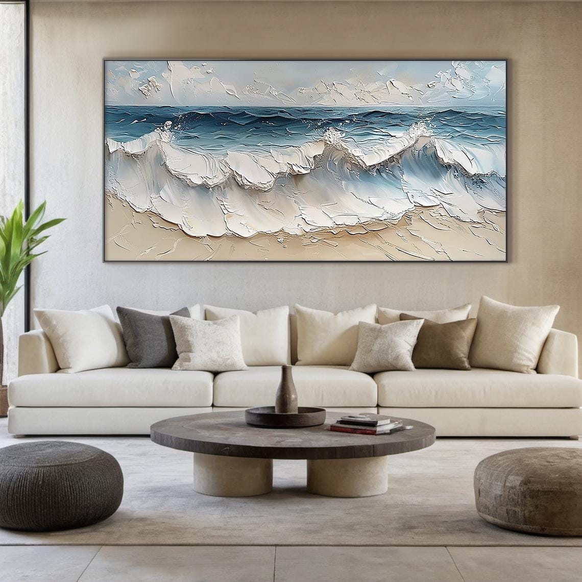 White Blue Sea Foam Wave Rolling Sandy Beach Textured Art Poster - Image 6