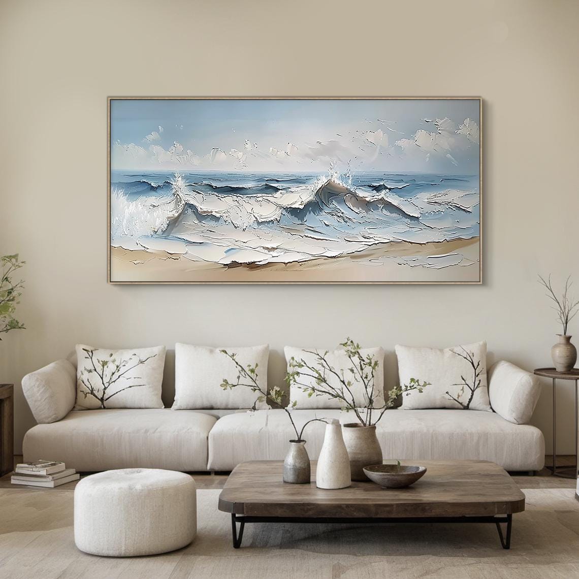 Ocean Waves Breaking On Sandy Shore Impasto Textured Beach Wall Art - Image 4