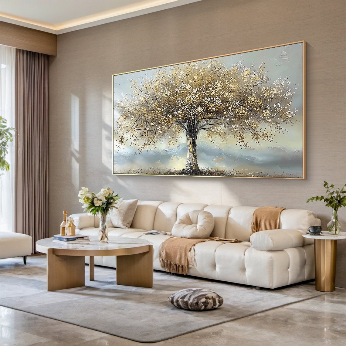 Golden Tree Of Life Blossom On Grey Blue Textured Canvas Poster